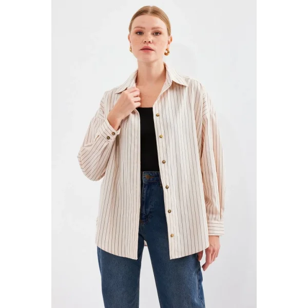 20208 Çizgili Oversize Uzun Basic Gömlek  Krem