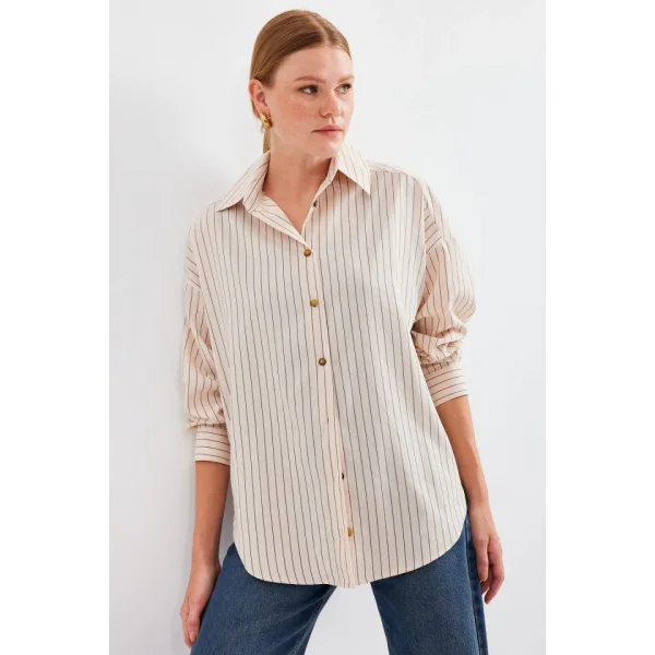 20208 Çizgili Oversize Uzun Basic Gömlek  Krem