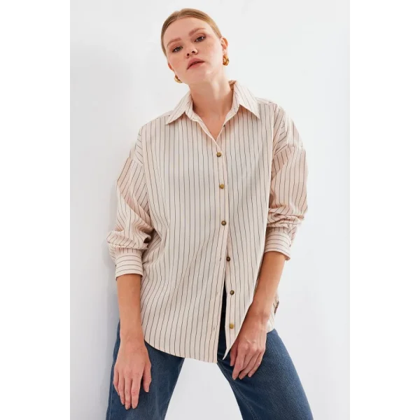 20208 Çizgili Oversize Uzun Basic Gömlek  Krem