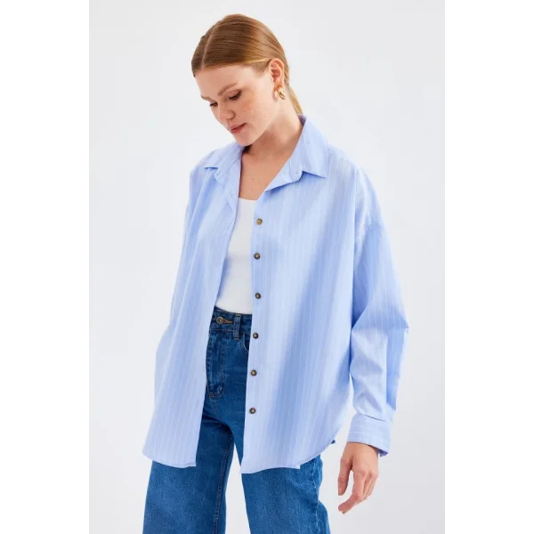 20208 Çizgili Oversize Uzun Basic Gömlek  Mavi