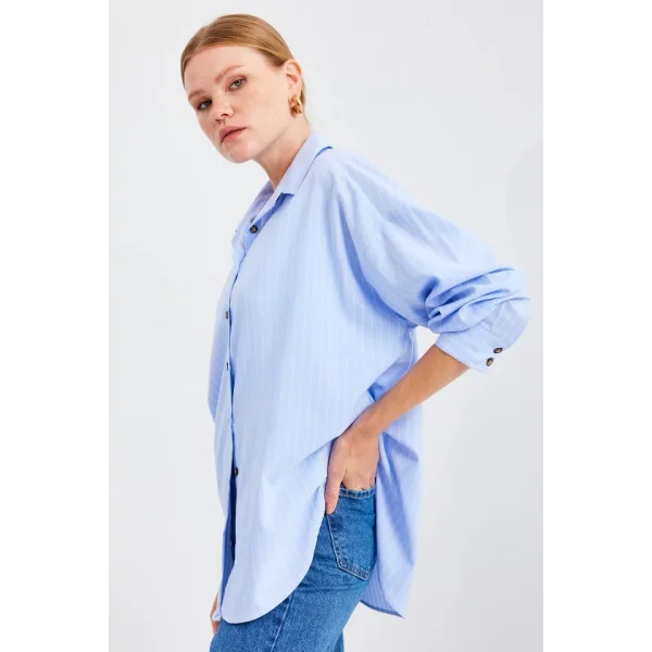 20208 Çizgili Oversize Uzun Basic Gömlek  Mavi