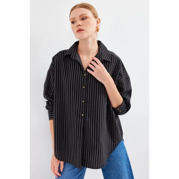 20208 Çizgili Oversize Uzun Basic Gömlek  Siyah
