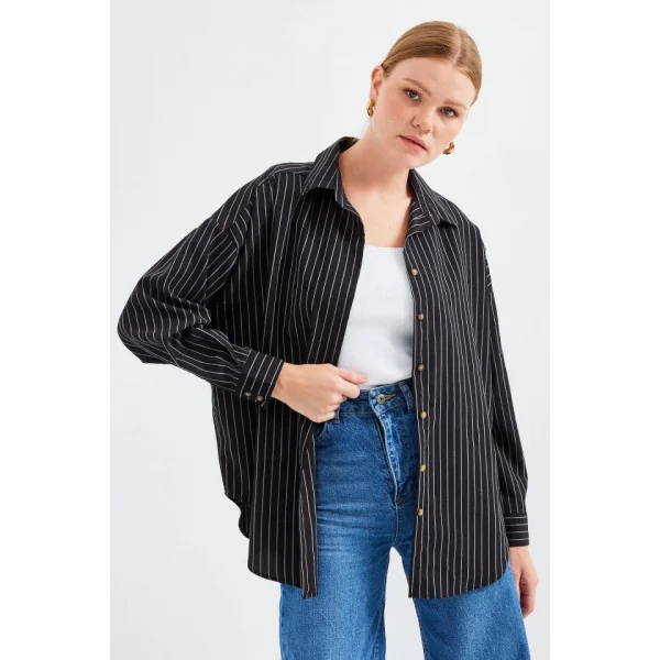20208 Çizgili Oversize Uzun Basic Gömlek  Siyah