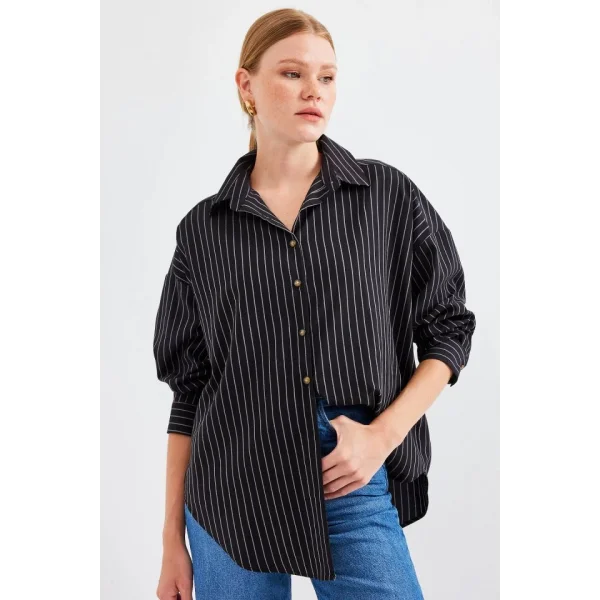 20208 Çizgili Oversize Uzun Basic Gömlek  Siyah