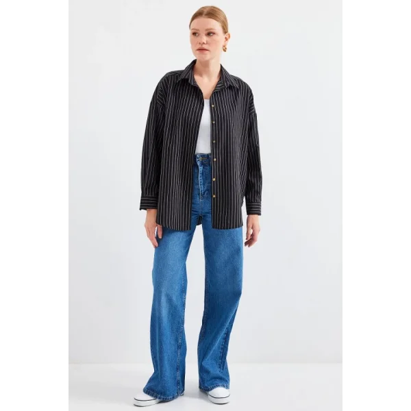 20208 Çizgili Oversize Uzun Basic Gömlek  Siyah