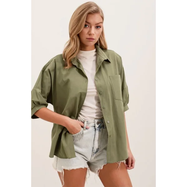 20213 Oversize Kısa Kol Basic Gömlek  Haki