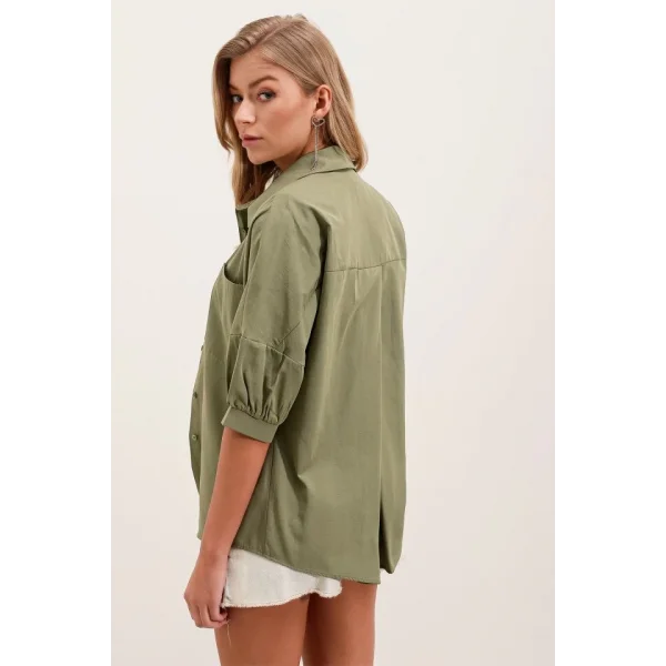 20213 Oversize Kısa Kol Basic Gömlek  Haki