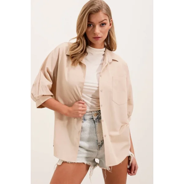 20213 Oversize Kısa Kol Basic Gömlek  Krem