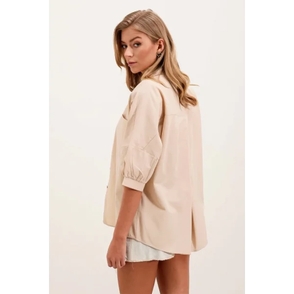 20213 Oversize Kısa Kol Basic Gömlek  Krem