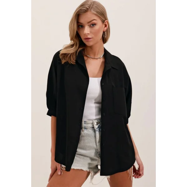 20213 Oversize Kısa Kol Basic Gömlek  Siyah