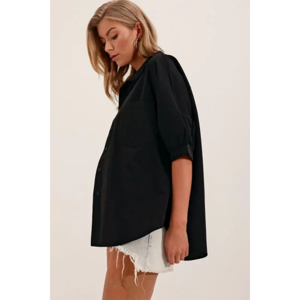 20213 Oversize Kısa Kol Basic Gömlek  Siyah