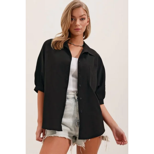 20213 Oversize Kısa Kol Basic Gömlek  Siyah