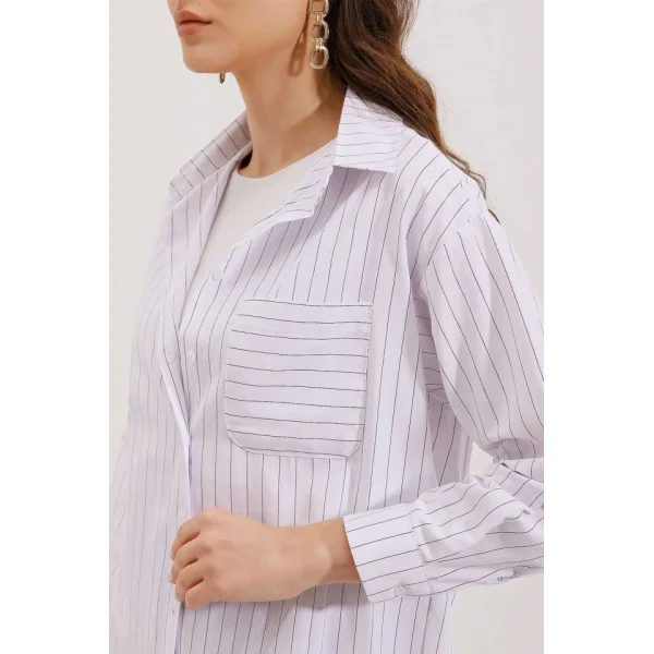 20217 Cep Detaylı Çizgili Oversize Gömlek  Beyaz