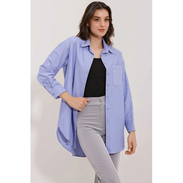 20217 Cep Detaylı Çizgili Oversize Gömlek  İndigo