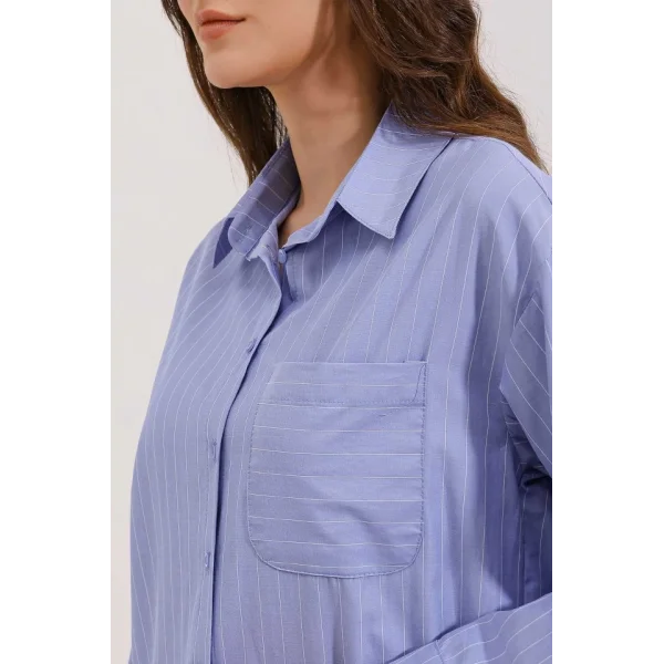 20217 Cep Detaylı Çizgili Oversize Gömlek  İndigo