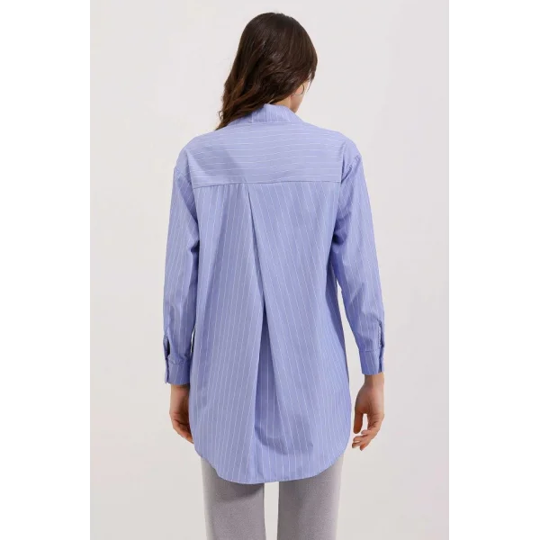 20217 Cep Detaylı Çizgili Oversize Gömlek  İndigo