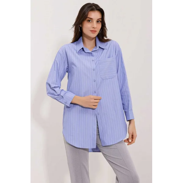 20217 Cep Detaylı Çizgili Oversize Gömlek  İndigo