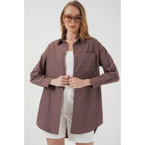 20217 Cep Detaylı Çizgili Oversize Gömlek  Kahverengi
