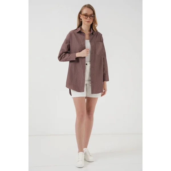 20217 Cep Detaylı Çizgili Oversize Gömlek  Kahverengi