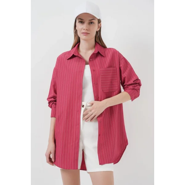 20217 Cep Detaylı Çizgili Oversize Gömlek  Kırmızı