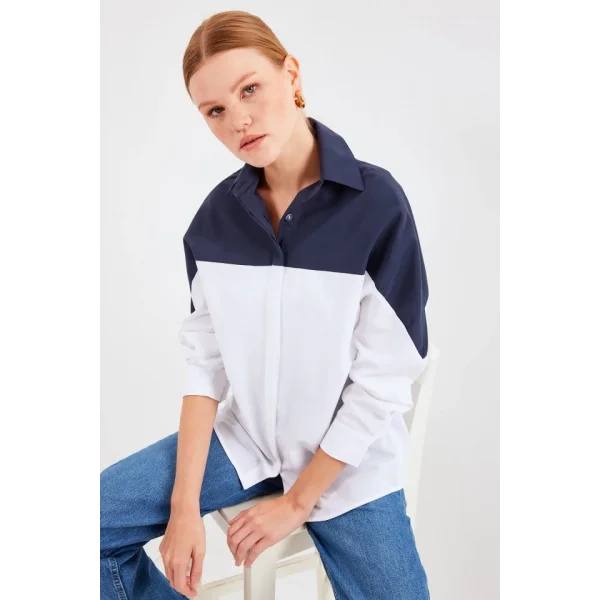 20221 Blok Renkli Oversize Gömlek  Lacivert