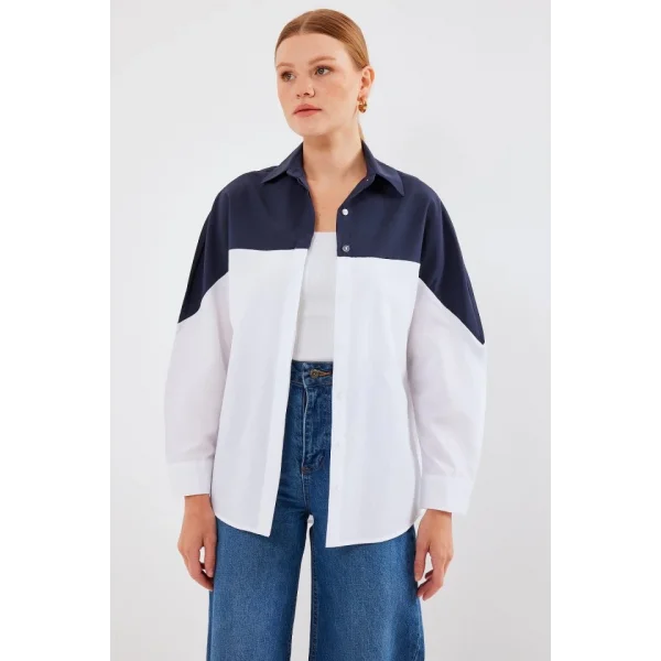 20221 Blok Renkli Oversize Gömlek  Lacivert