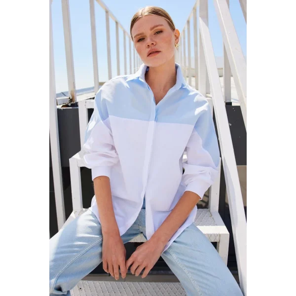 20221 Blok Renkli Oversize Gömlek  Mavi