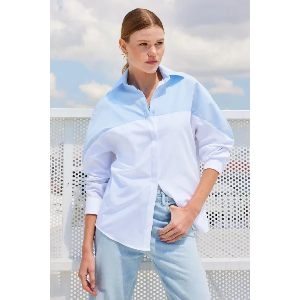 20221 Blok Renkli Oversize Gömlek  Mavi