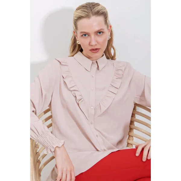 20223 Fırfırlı Uzun Kol Gömlek  Bej