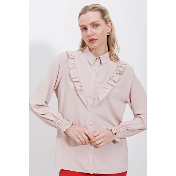 20223 Fırfırlı Uzun Kol Gömlek  Bej