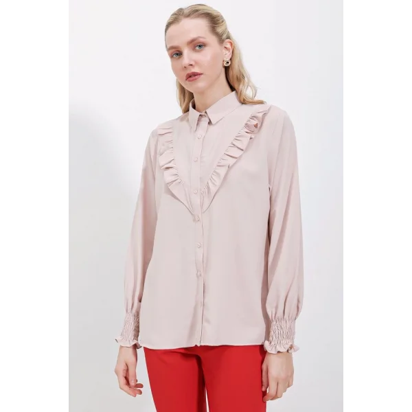 20223 Fırfırlı Uzun Kol Gömlek  Bej