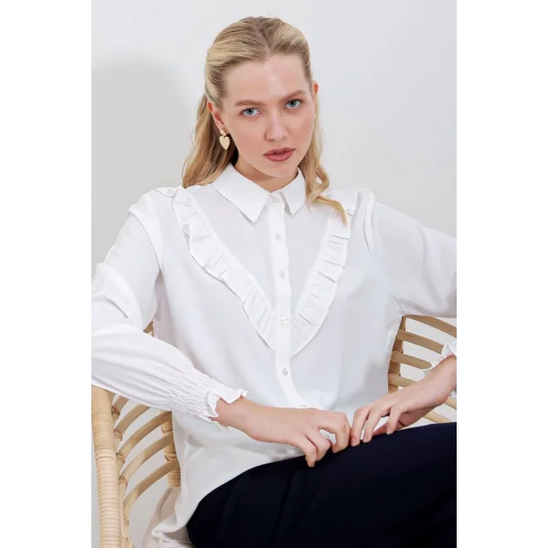 20223 Fırfırlı Uzun Kol Gömlek  Beyaz