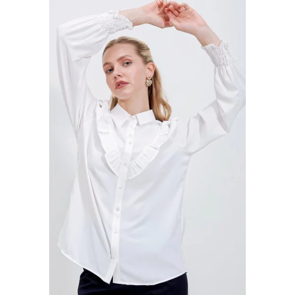 20223 Fırfırlı Uzun Kol Gömlek  Beyaz