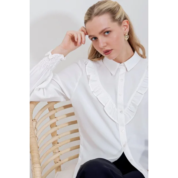 20223 Fırfırlı Uzun Kol Gömlek  Beyaz