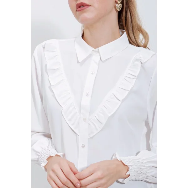 20223 Fırfırlı Uzun Kol Gömlek  Beyaz