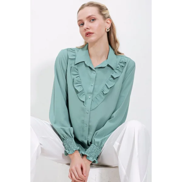 20223 Fırfırlı Uzun Kol Gömlek - Çağla