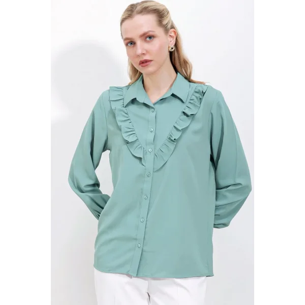 20223 Fırfırlı Uzun Kol Gömlek - Çağla