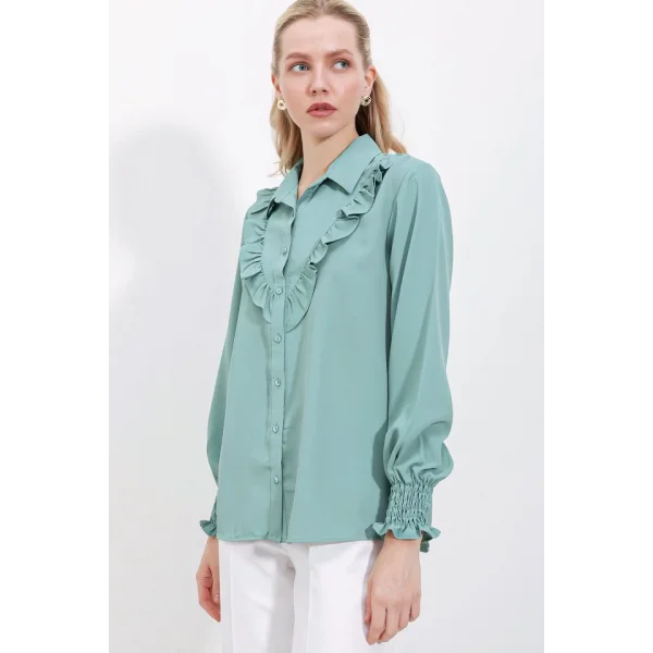 20223 Fırfırlı Uzun Kol Gömlek - Çağla