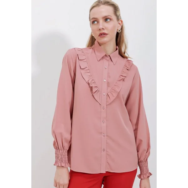 20223 Fırfırlı Uzun Kol Gömlek  Gül Kurusu