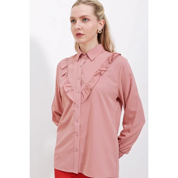 20223 Fırfırlı Uzun Kol Gömlek  Gül Kurusu