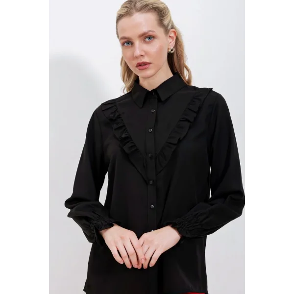 20223 Fırfırlı Uzun Kol Gömlek  Siyah