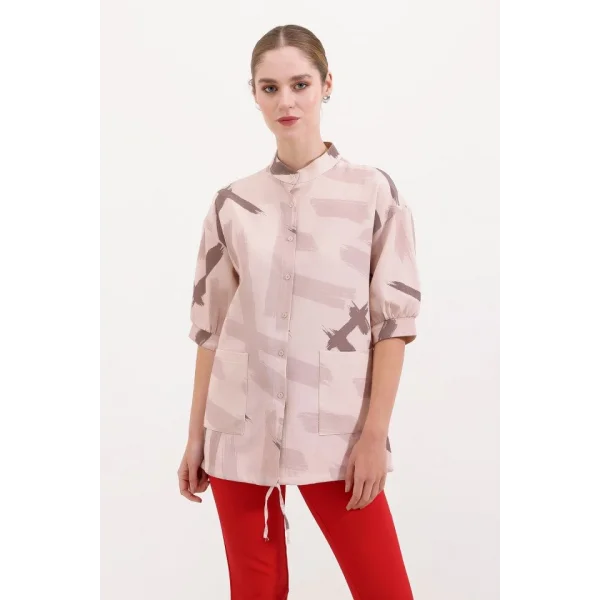 20226 Desenli Oversize Gömlek  Bej