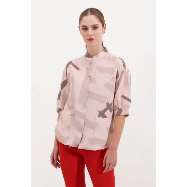 20226 Desenli Oversize Gömlek  Bej