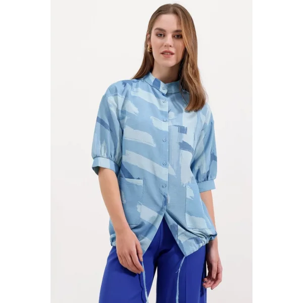 20226 Desenli Oversize Gömlek  Mavi