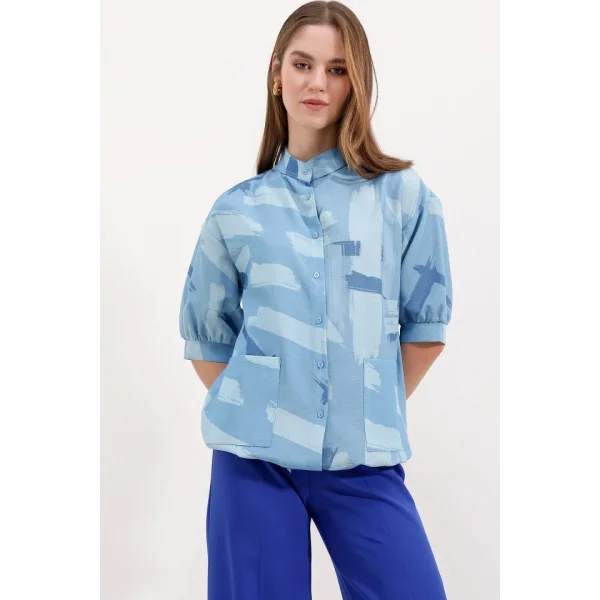 20226 Desenli Oversize Gömlek  Mavi