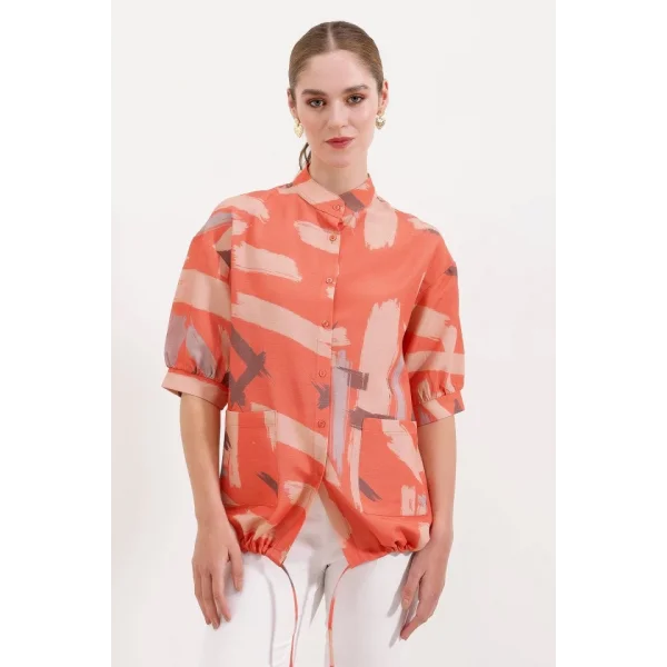 20226 Desenli Oversize Gömlek  Turuncu