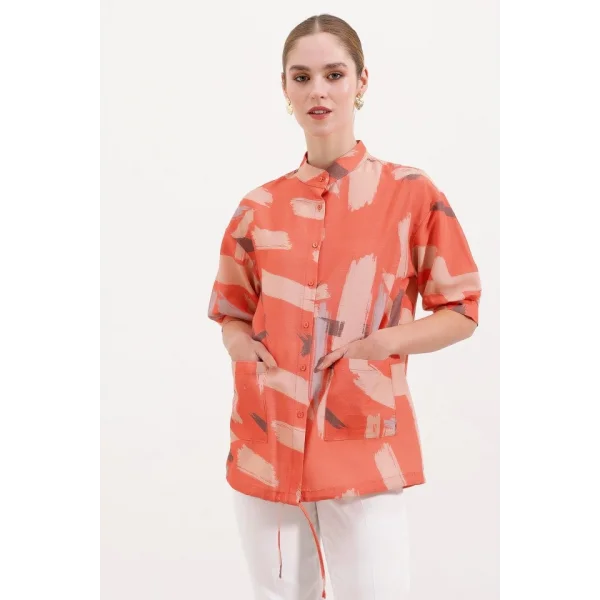 20226 Desenli Oversize Gömlek  Turuncu