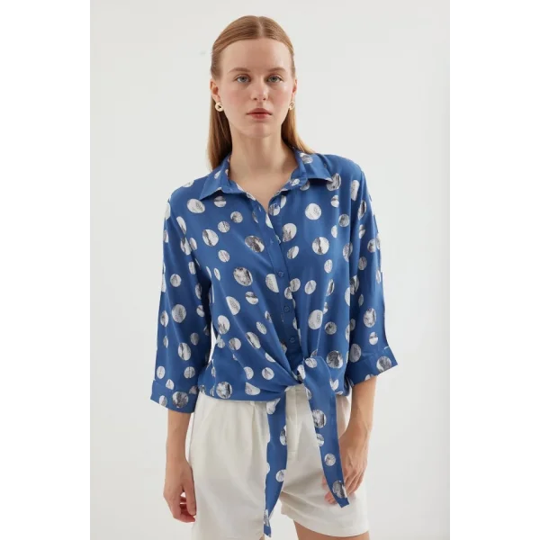 20243 Önü Bağlamalı Desenli Gömlek  İndigo