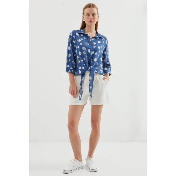 20243 Önü Bağlamalı Desenli Gömlek  İndigo