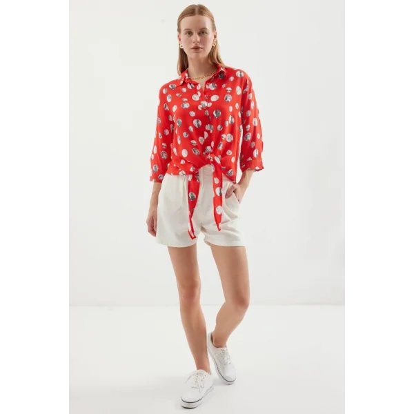 20243 Önü Bağlamalı Desenli Gömlek  Kırmızı